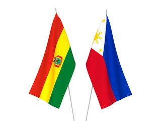 National fabric flags of Philippines and Bolivia isolated on white background. 3d rendering illustration.