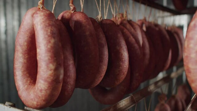 Meat industry, lot of raw sausage is weighed on frame before being immersed in oven chamber. Raw sausage hanging on metal frame for immersion in oven smokehouse, slide shooting, closeup