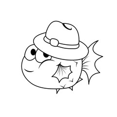 Coloring of Puffer Fish Wearing a Hat Cartoon, Cute Funny Character, Flat Design