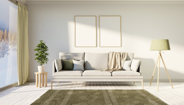 Living room mockup. Frame mockup in bright modern living room design with two vertical wooden frames. 3D Render background.