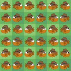 Orange Puffer Fish Wearing a Brown Hat Cute Illustration, Cartoon Funny Character, Pattern Wallpaper 