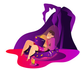 Purple twilights. Fat man is resting on an inflatable ring and confers online. Freelance and distance work concept.