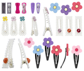 Woman hair pins with flowers or pearls, isolated on white background, clipping paths included
