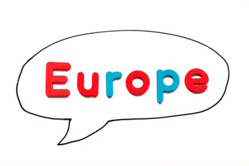 Alphabet letter with word Europe in black line hand drawing as bubble speech on white board background