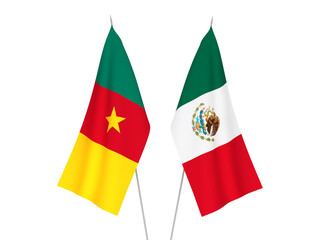 National fabric flags of Cameroon and Mexico isolated on white background. 3d rendering illustration.