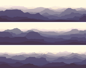 Set of horizontal banners of vector illustration morning misty rocky low mountains in violet tone.