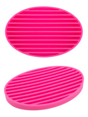 Soap dish isolated on white background, clipping path included. Pink plastic bathroom soap accesory.