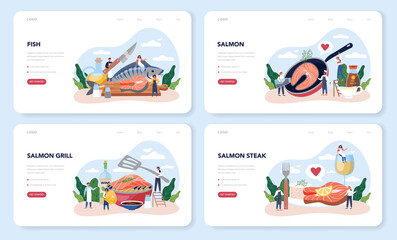 Salmon steak web banner or landing page set. Chef cooking grilled fish