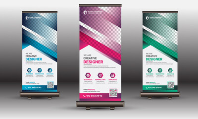 Corporate Roll-Up Banner, X Banner Standee Template Set | Red & Blue Roll-Up Banner Layout with Creative Shapes