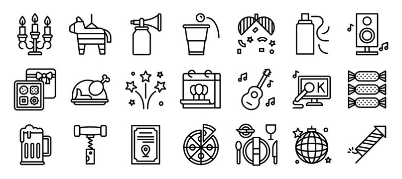 New year party elements line icon set