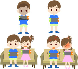 ゲームをやる可愛いこどものイラストセット