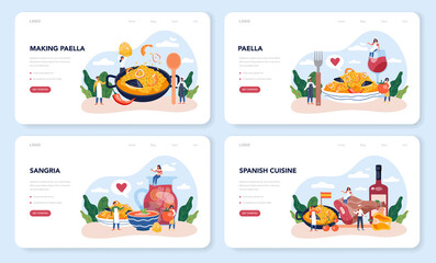 Paella web banner or landing page set. Spanish traditional dish with seafood