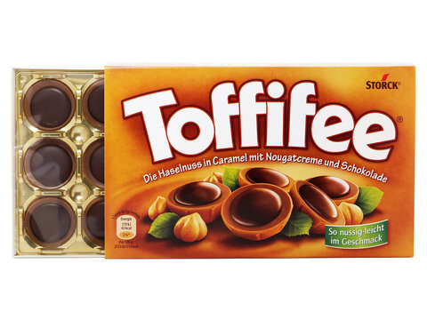 BUCHAREST, ROMANIA - APRIL 8, 2015. Box of Toffifee candies isolated on white, made by Storck
