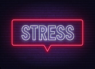 Stress neon sign on brick wall background .