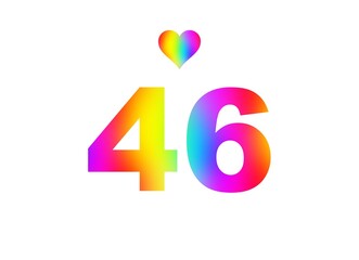 46th birthday card illustration with multicolored numbers isolated in white background.