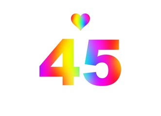 45th birthday card illustration with multicolored numbers isolated in white background.