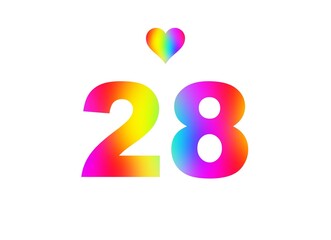 28th birthday card illustration with multicolored numbers isolated in white background.