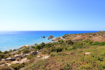Fototapeta na wymiar Aphrodite's rock and beach in Cyprus, called Petra tou Romiou