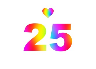 25th birthday card illustration with multicolored numbers isolated in white background.