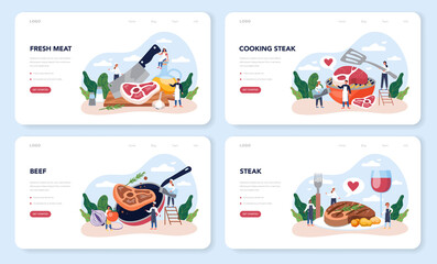 Steak web banner or landing page set. People cooking tasty grilled meat