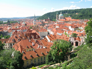 Fototapeta na wymiar Scenic panoramic view of townscape of the famous Lesser Town of Prague (Mala Strana) on sunny summer day with blue sky in the Prague, Bohemia, Czechia. View from above. UNESCO World Heritage Site.