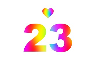 23rd birthday card illustration with multicolored numbers isolated in white background.