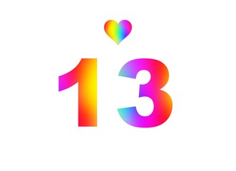13th birthday card illustration with multicolored numbers isolated in white background.