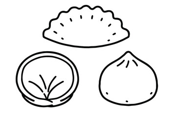 Mandu(Korean dumpling). Vector line art illustrations set.