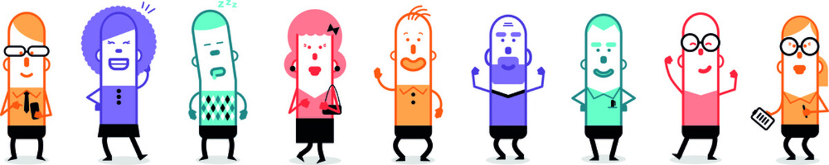 A colorful set of various characters in a simple flat style