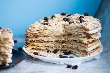 Napolion cake. A piece of cake on a black plate, decorated with raisins. Stands on a table with a gray background