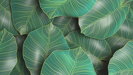 Luxury gold and nature green motion background. Floral pattern, Golden split-leaf Philodendron plant with monstera plant line arts, Loopable video. Includes effects channel for better composing.