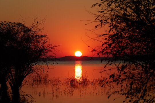 Sunset at the lake of Kafue National Park