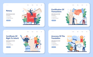 Notary service web banner or landing page set. Professional lawyer signing