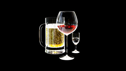 cg industry 3d illustration, beer and alcohol renders isolated on black