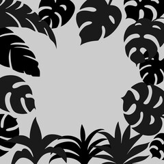 Monochrome background with hand-drawn tropical leaves 