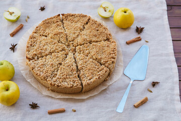 Freshly baked homemade double crutsed apple crumb pie. Sweet food from above,