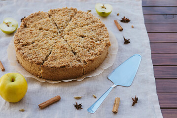 Freshly baked homemade double crutsed apple crumb pie. Sweet food from above,