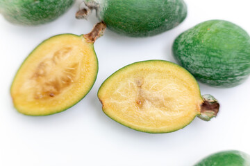 Feijoa fruits on white background. Tropical ripe feijoa fruits.