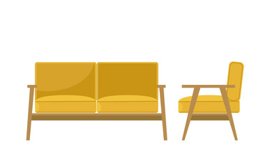 Stylish set of upholstered furniture: sofa and armchair. Ocher furniture with wooden fittings. Cute flat vector image