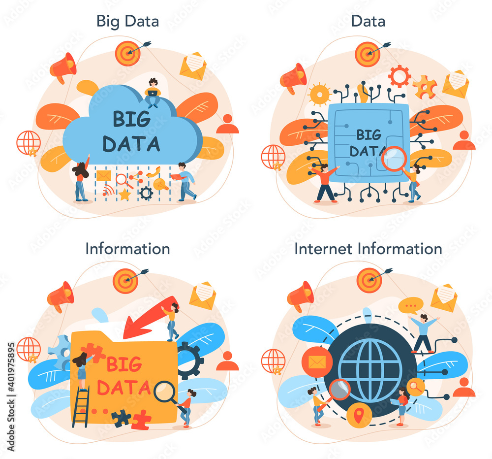 Poster big data concept set. modern computer technology. analyzing digital