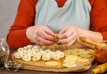 Cook makes dumplings, large hands photo