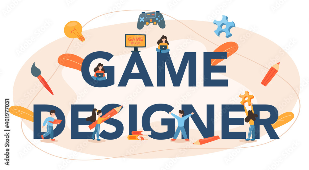Poster game designer typographic header. creative process of a computer