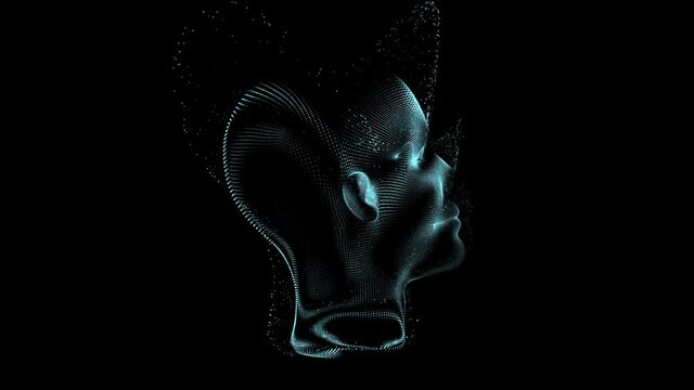 Glowing particles formation Head. Futuristic hologram 3d model. Face in the form of a particles.