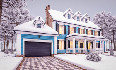 3d rendering of modern cozy classic house in colonial style with garage and pool for sale or rent with beautiful landscaping on background. Cool winter evening with cozy light from windows.