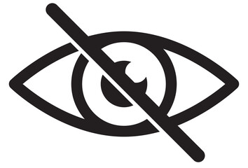 No eye. Black crossed eyeball icon. Concept of avoid look at hidden confidential secret like password. Vector symbol isolated on white background. - obrazy, fototapety, plakaty