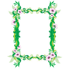 decorative frame of green plants and pink flowers, isolated object on white background, vector illustration,
