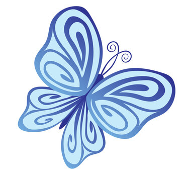 decorative butterfly in blue color, isolated object on white background, vector illustration,