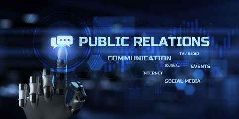 Public relations PR. Robot hand pressig button 3d render.