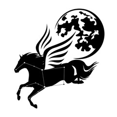 flying pegasus horse, full moon and star constellation - greek mythology inspiration symbol and astronomy silhouette black and white vector design