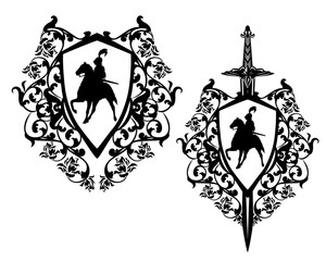 medieval hero knight riding horse in heraldic shield among rose flower decor and sword - black and white vector coat of arms design
